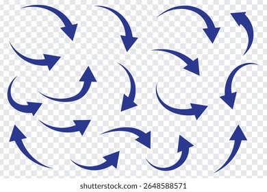 Curved Arrow vector collection. Arrow. Collection different wavy arrow signs. Different cursor arrow direction symbols in flat style. Cursor. Curvy arrows icons. Long curve arrows vector illustration.