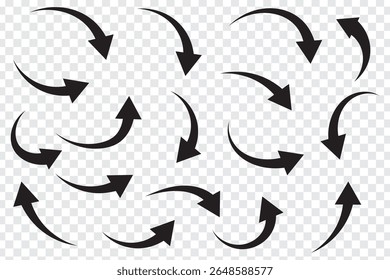 Curved Arrow vector collection. Arrow. Collection different wavy arrow signs. Different cursor arrow direction symbols in flat style. Cursor. Curvy arrows icons. Long curve arrows vector illustration.