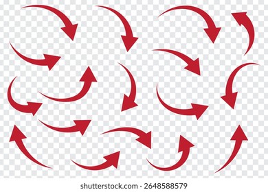 Curved Arrow vector collection. Arrow. Collection different wavy arrow signs. Different cursor arrow direction symbols in flat style. Cursor. Curvy arrows icons. Long curve arrows vector illustration.