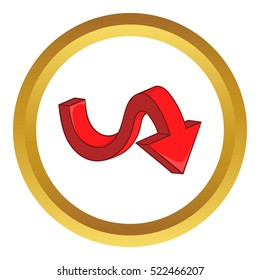 Curved arrow vector icon in golden circle, cartoon style isolated on white background