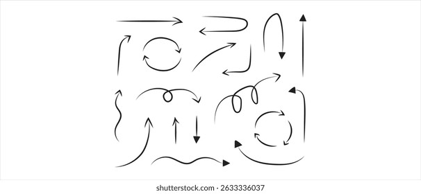 Setas curvas. Sinal de seta. Setas curvas definidas. Coleção de símbolos de seta. Ilustração vetorial.art