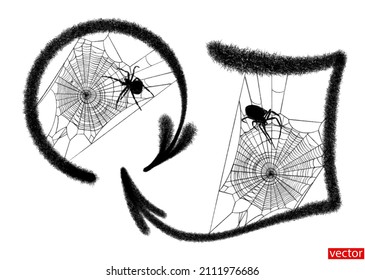 Curved arrows with black spider and cobweb isolated on a white background. Design element for a Halloween card, poster, banner. Spider weaves a web. Vector