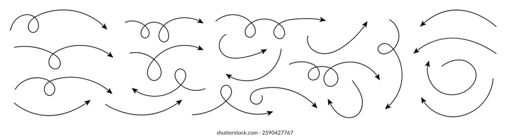Curved arrows. Collection of curved hand drawn arrows.
