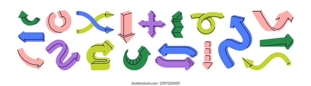 Curved arrows designs set. Pointers elements in doodle style, twisted shape, turning, pointing at direction, undo, download, shuffle. Flat graphic vector illustrations isolated on white background.