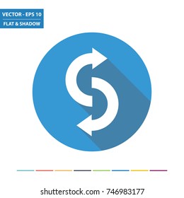 Curved arrows flat icon with long shadow. Vector Illustration.