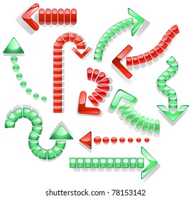 curved arrows from the green and red glass capsules.