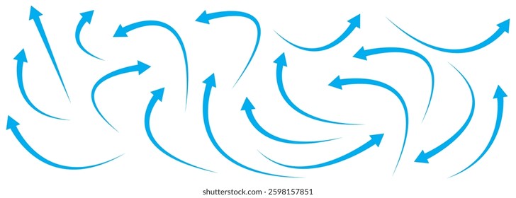 Curved arrows, hand drawn curved arrows. Set long blue curve arrow icon vector Set. blue curve arrow. long arrow icon set. curve arrow vector. 
