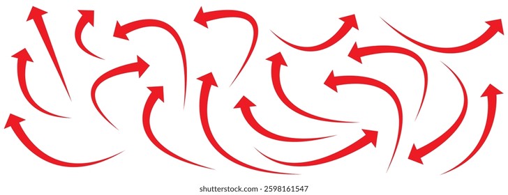 Curved arrows, hand drawn curved arrows. Set long Red curve arrow icon vector Set. Red curve arrow. long arrow icon set. set of Red long curve arrow for app and ui design.
