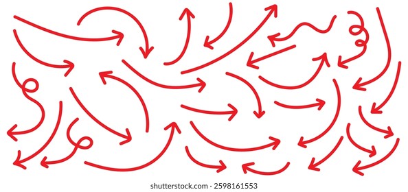 Curved arrows, hand drawn curved arrows. Set long Red curve arrow icon vector Set. Red curve arrow. long arrow icon set. set of Red long curve arrow for app and ui design.