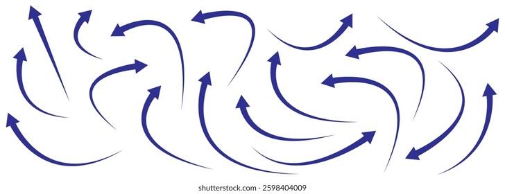 Curved arrows, hand drawn curved arrows. Set long blue curve arrow icon vector . blue curve arrow icon set. long arrow icon set.  Long bold curve arrow icon vector set.