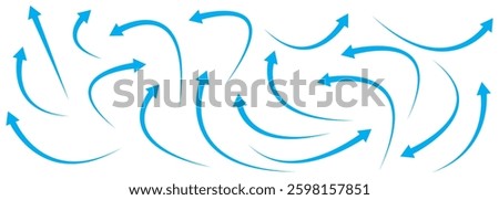 Curved arrows, hand drawn curved arrows. Set long blue curve arrow icon vector Set. blue curve arrow. long arrow icon set. curve arrow vector. 