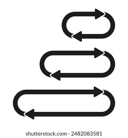 Curved arrows icons. Directional loop symbols. Black and white vector. Navigation and flow.