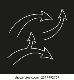 Curved arrows illustration. Dynamic pointer shapes. White lines on black. Vector icon set.