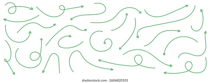 curved arrows isolated on white background. Curved arrows, hand drawn curved arrows. Set long Green curve arrow icon vector set. long arrow icon set. curve arrow vector. Green curve arrow set.