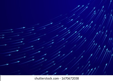 Curved arrows motion flow to up right dirrection vector dark neon blue background for finance brochude cover. Neon blue curved lines speed upward motion, flowing lines technology, success concept.