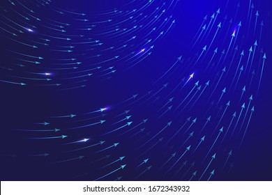 Curved arrows motion flow to up right direction vector dark neon blue background for finance brochure cover. Neon blue curved lines speed upward motion, flowing lines technology, success concept.