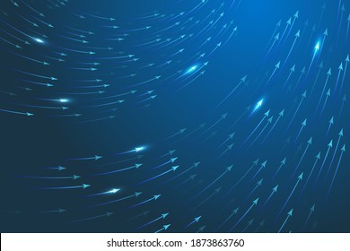Curved arrows motion flow to up right direction vector dark neon blue background for finance brochure cover. Neon blue curved lines speed upward motion, flowing lines technology, success concept.