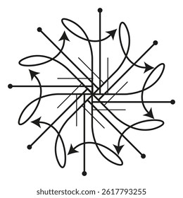 Curved arrows pattern. Radial black direction. Symmetric vector flow. Thin stroke detail.