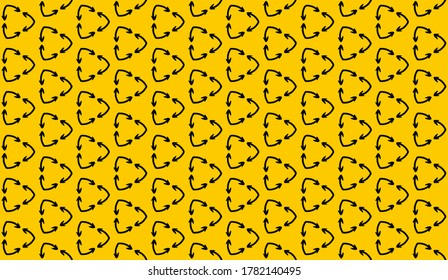curved arrows in a seamless pattern, reinterpretation of the recycling symbol, black and yellow wallpaper, simple background, vector illustration