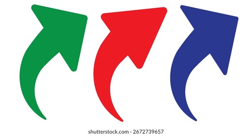 Conjunto de flechas curvas. Flechas curvas. Signo de flecha. Flecha curva apuntando a la derecha. Flecha curva negra, roja, azul y verde.