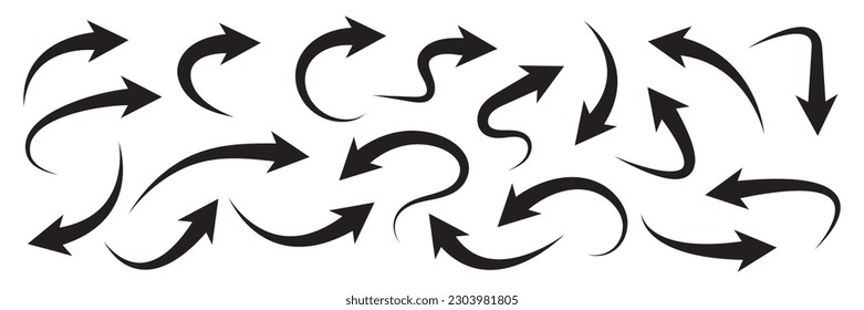 Curved arrows. Set of black curved arrows isolated on white.