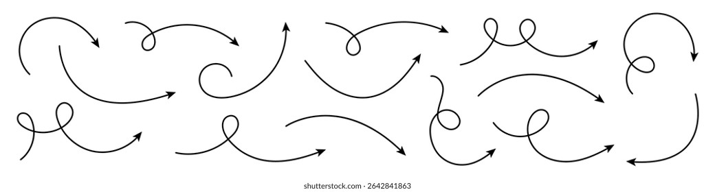 Flechas curvas. Conjunto de flechas dibujadas a mano.