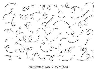 Curved arrows. Set of vector hand drawn arrows. Collection of pointers.