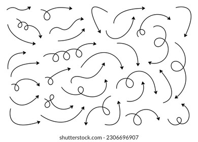 Curved arrows. Set of vector hand drawn arrows. Collection of pointers.