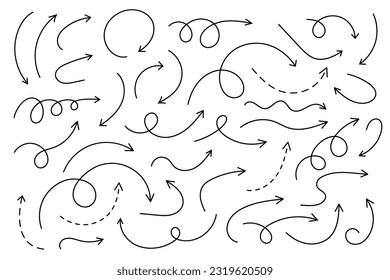 Curved arrows. Set of vector hand drawn arrows. Collection of pointers.