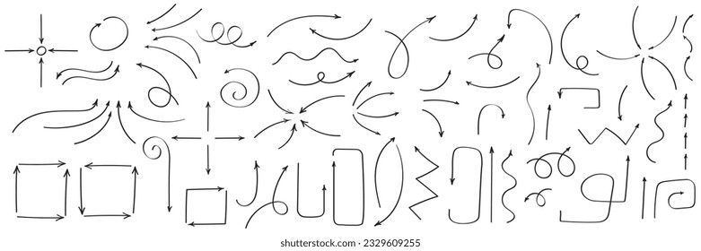 Curved arrows. Set of vector hand drawn arrows. Collection of pointers.