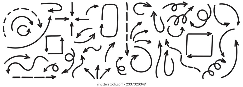 Flechas curvadas. Conjunto de flechas dibujadas a mano vectorial. Colección de punteros.