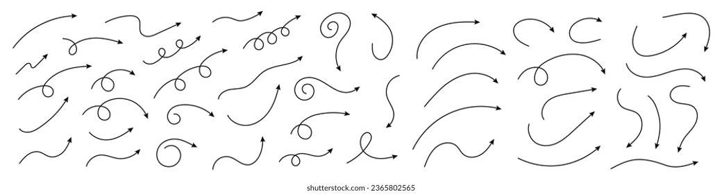 Curved arrows. Set of vector hand drawn zigzag arrows. Collection of pointers. Vector illustration.