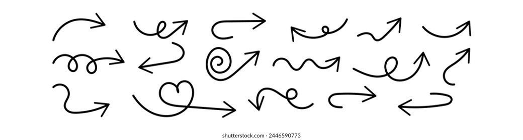 Curved arrows. Set of vector hand drawn arrows. Collection of pointers. Vector Illustration