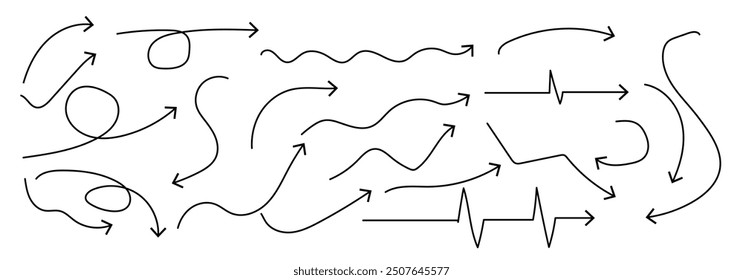 Flechas curvas. Conjunto de flechas de línea dibujadas a mano de Vector. Colección de punteros.