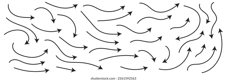 Curved arrows. Set of vector hand drawn arrows. Collection of pointers.