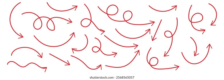 Curved arrows. Set of vector hand drawn arrows. Collection of pointers.