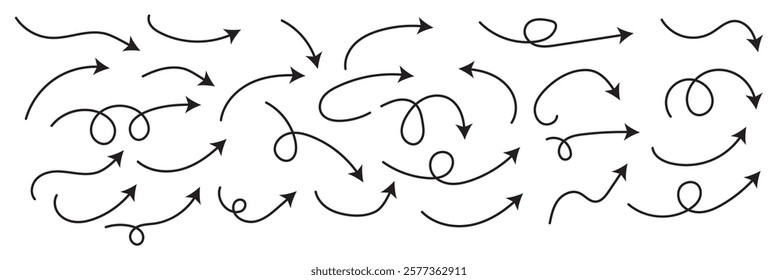 Curved arrows. Set of vector hand drawn arrows. Collection of pointers.