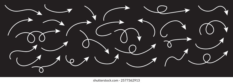 Curved arrows. Set of vector hand drawn arrows. Collection of pointers.