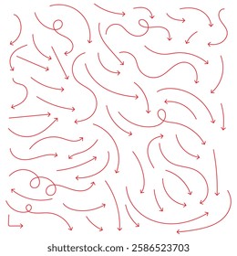 Curved arrows. Set of vector hand drawn arrows. Collection of pointers. Red hand drawn doodle arrow set. Arrows icons hand drawn vector editable set. Arrow sketch handmade doodle swipe up symbol sign 