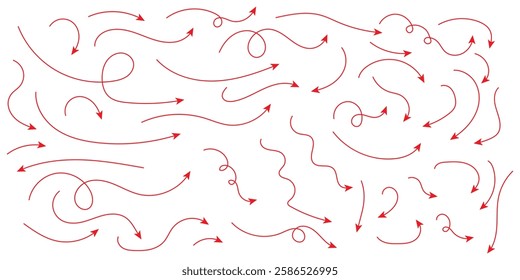 Curved arrows. Set of vector hand drawn arrows. Collection of pointers. Set of simple lines hand drawn red arrows in various style. Set of simple of hand drawn red arrows. 