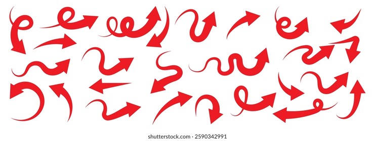 Curved arrows. Set of vector hand drawn arrows. Collection of pointers.