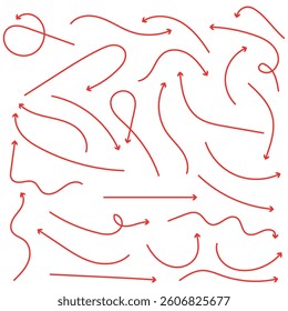 Curved arrows. Set of vector hand drawn arrows. Collection of pointers. Red hand drawn doodle arrow set. Arrows icons hand drawn vector editable set. Arrow sketch handmade doodle swipe up symbol sign