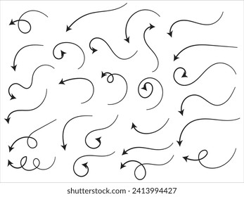 curved arrows. Sketch doodle style. Zigzag arrow stripes design with lines. Collection of pointers.