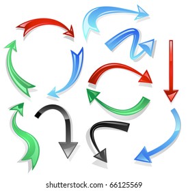 curved arrows volume of glass: black, red, green and blue on a white background