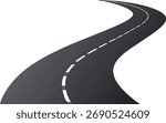 Curved asphalt road with dashed white lines receding into the distance vector illustration design element for transportation or travel