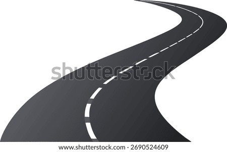 Curved asphalt road with dashed white lines receding into the distance vector illustration design element for transportation or travel