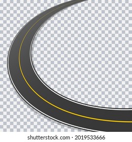 Curved asphalt road with markings on transparent background. Arch highway road. Top view. Template design for educational web sites, infographic, advertising, presentation. Vector illustration