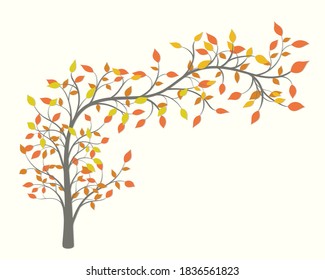 Curved autumn tree with yellow and red leaves on a light background