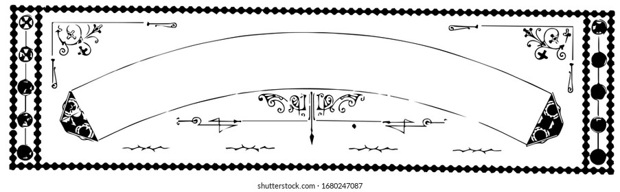 Curved banner have a blank curved part in this center, its have dark doted border, vintage line drawing or engraving illustration.
