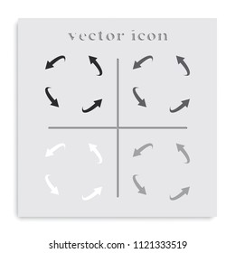 Curved, bent arrows flat black and white vector icon.